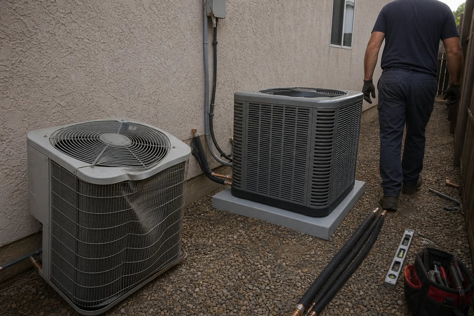 An old condenser pulled aside next to a new condenser on a fresh pad - for Central AC Replacement in Alhambra, CA