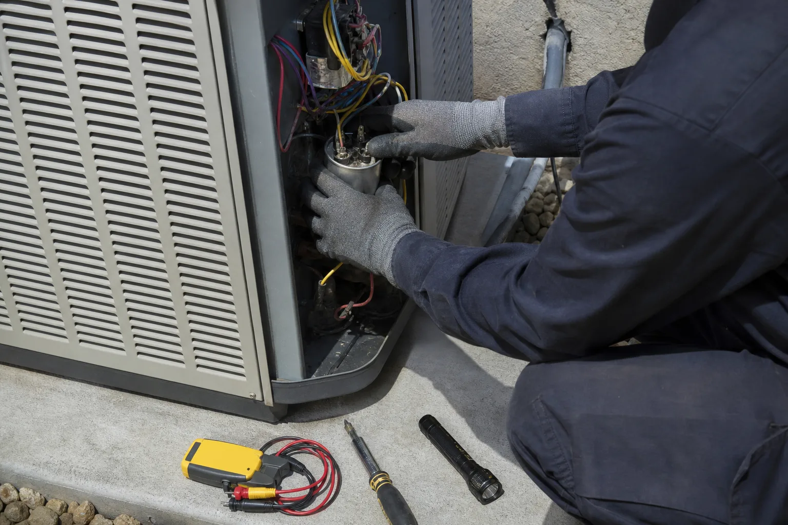 Gloved hands replacing a run capacitor in an outdoor air-conditioner unit - for Emergency AC Repair in Alhambra, CA