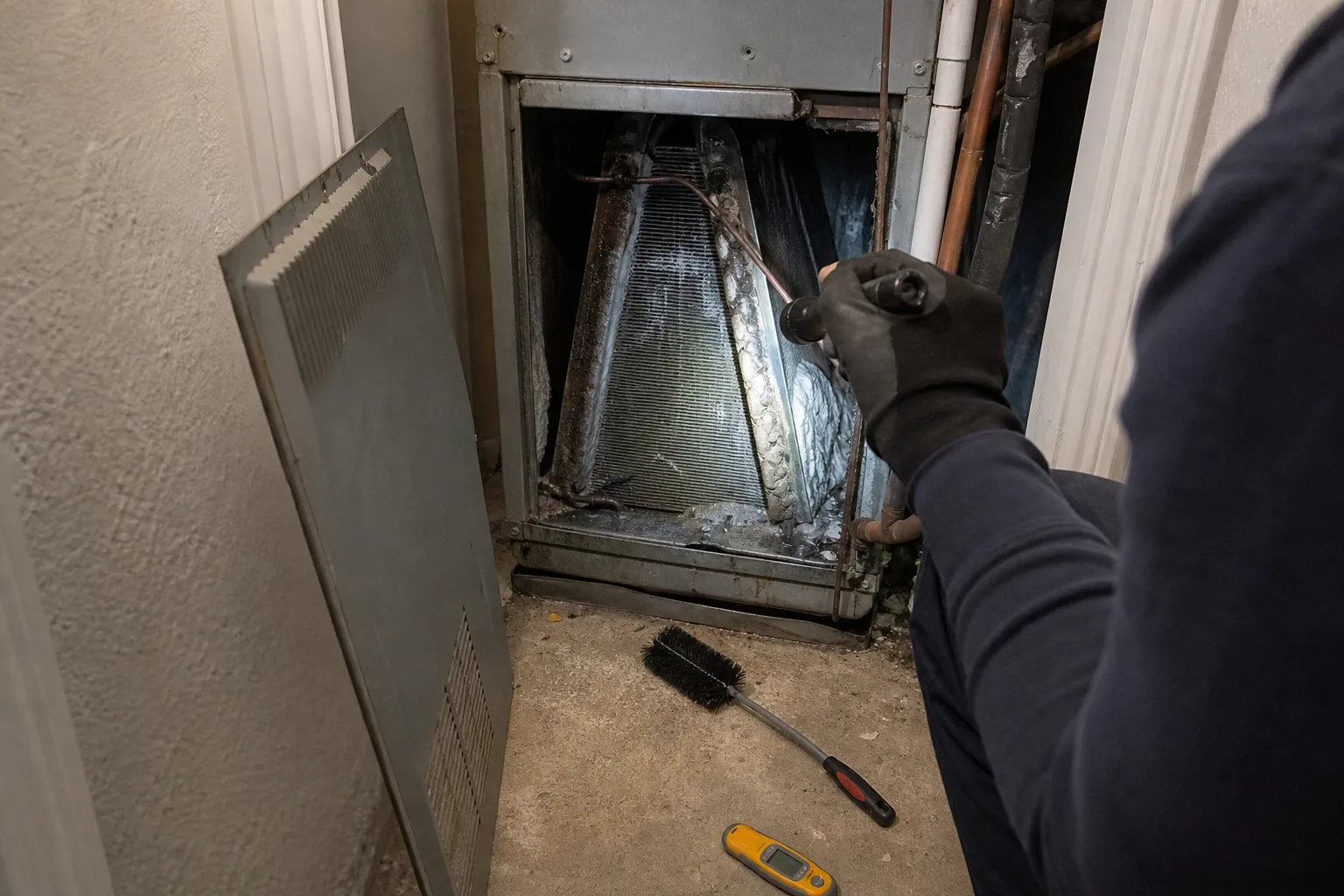 An iced evaporator coil behind an opened access panel - for HVAC in Alhambra, CA