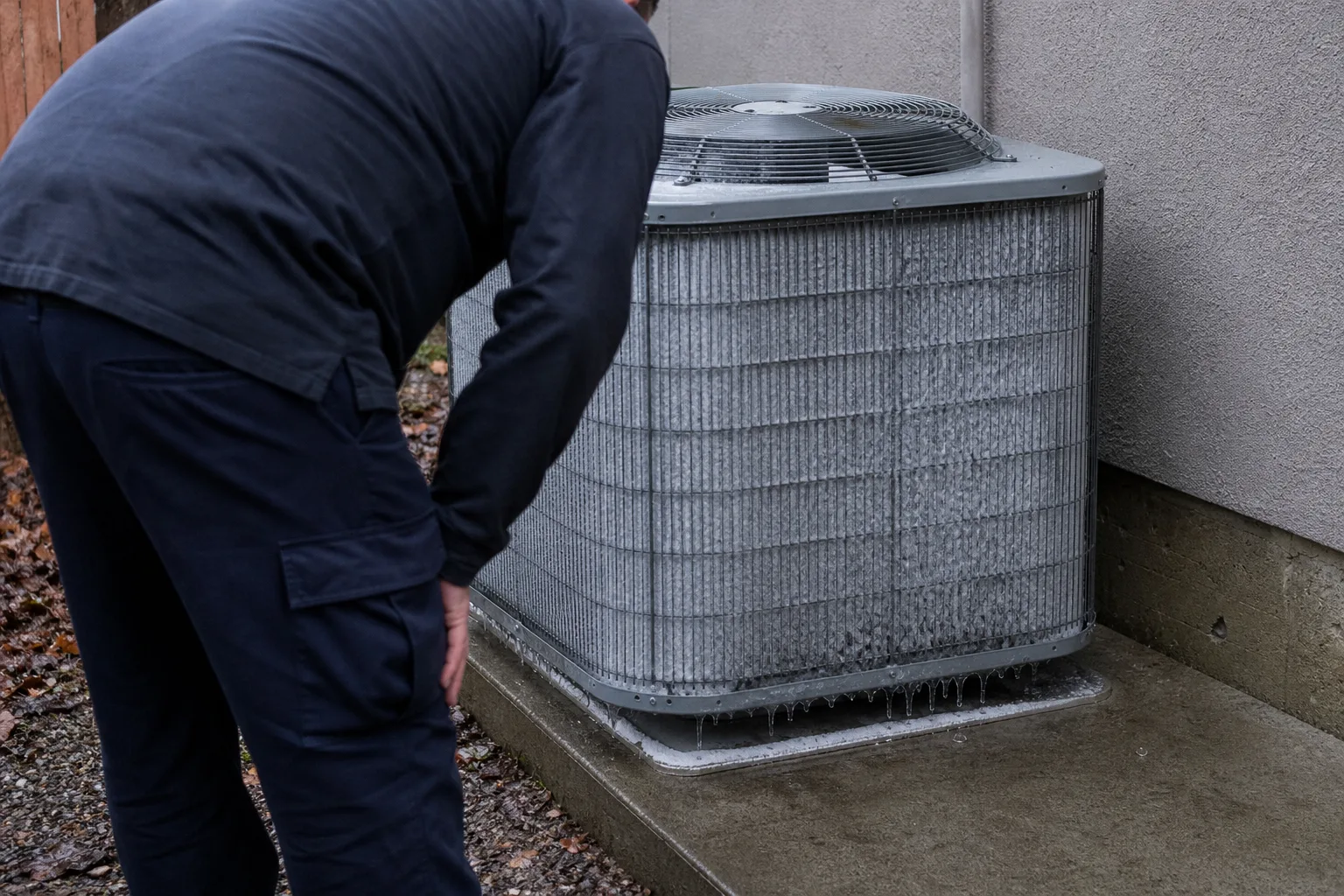 An outdoor heat pump with frost on its coil and ice in its base pan - for Heat Pump Outdoor Unit Icing in Alhambra, CA