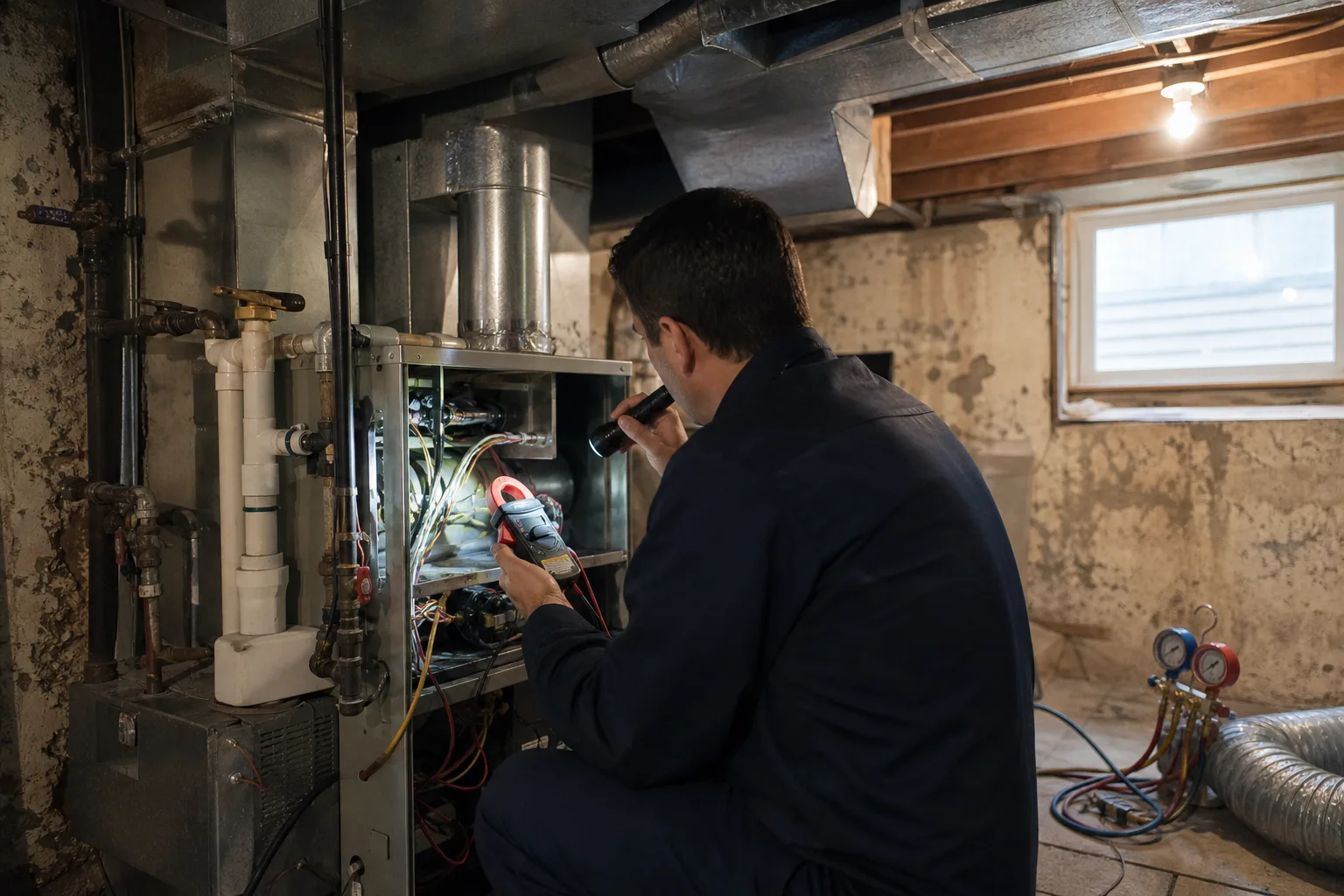 An HVAC technician in navy work clothes reading a meter at an open furnace panel - for HVAC in Alhambra, CA