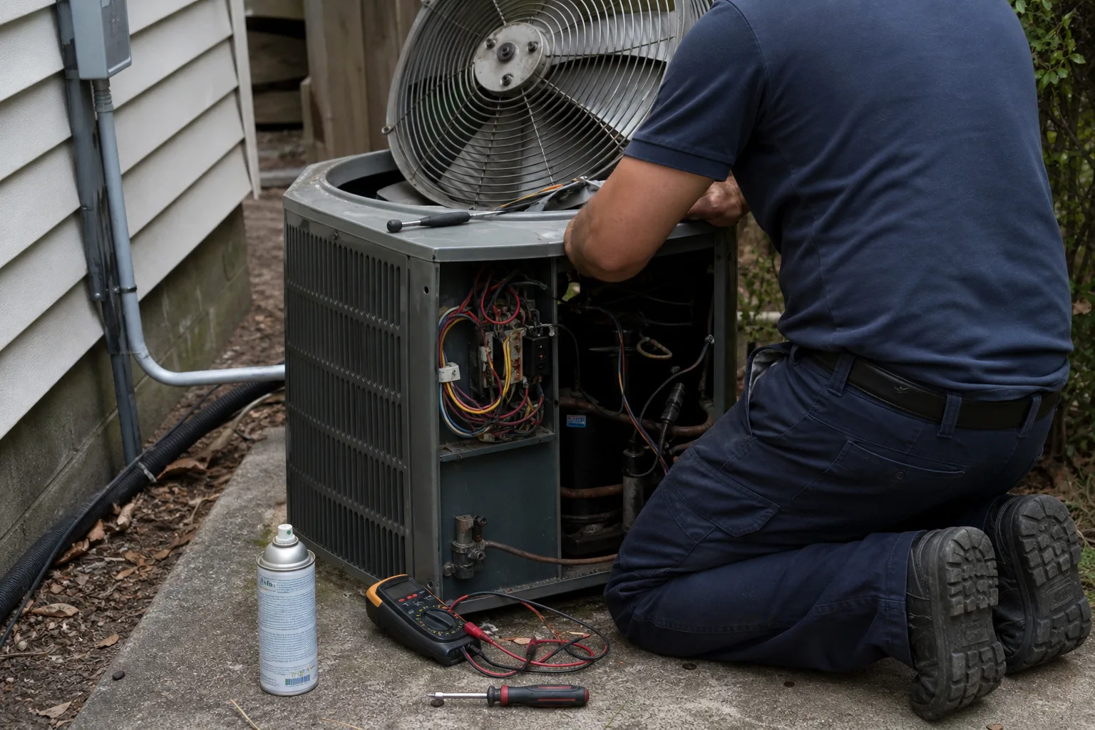 A technician working beside an outdoor air-conditioner with the fan guard lifted - for AC Repair and Central AC Replacement in Alhambra, CA