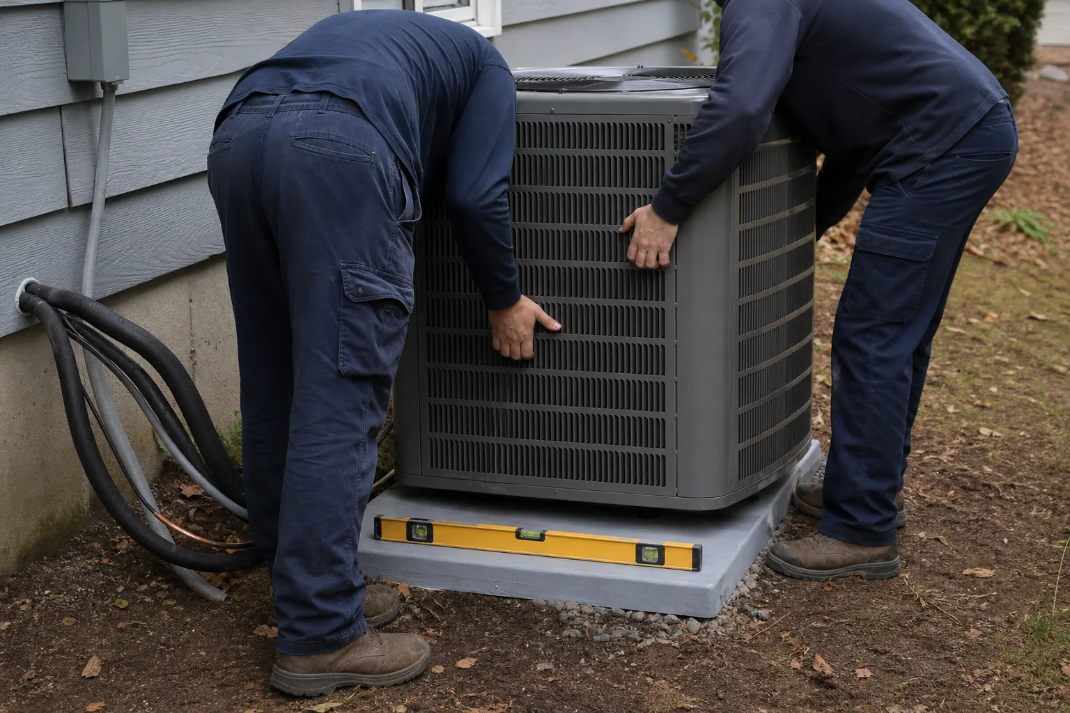 Two technicians setting a new air-conditioner condenser on a pad - for Heat Pump Services in Alhambra, CA