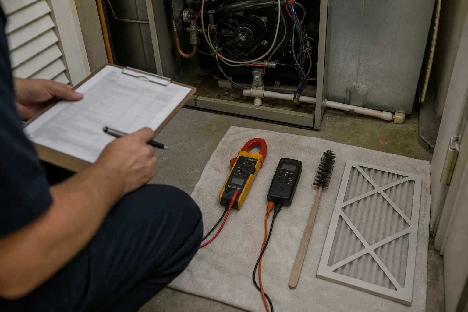 A clipboard and a row of testing tools laid out before a maintenance visit - for HVAC Maintenance / Tune-Up in Alhambra, CA